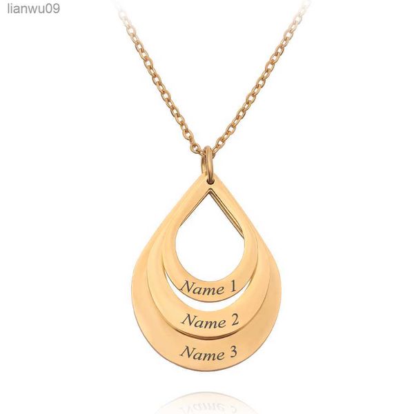 Colliers de famille personnalisés personnalisés gravés 3 noms pendentif goutte d'eau en acier inoxydable collier bijoux cadeau pour maman L230704