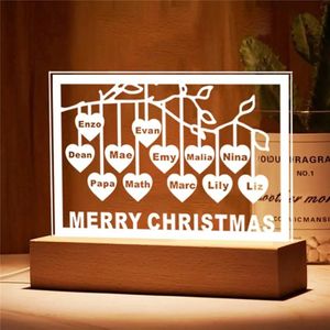 Personnalize Family Tree Night Light Heart noms jusqu'à 12 noms lampe de base en bois LED USB pour la fête des mères Christmas Mom Gift 240403