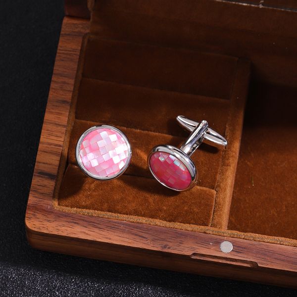 Boutons de manchette en laiton argenté incrustés de coquille rose pour hommes, chemise française à la mode personnalisée