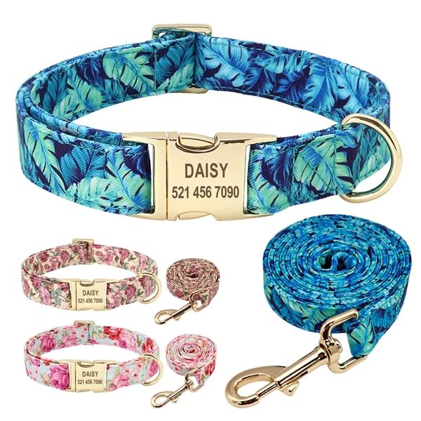 Conjunto de collar y correa floral personalizado para perros Collar de identificación para mascotas para perros pequeños, medianos y grandes personalizados Collares grabados con estampado de flores para perros X0347G