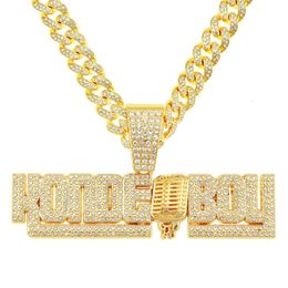 Collier personnalisé avec pendentif d'épissage de microphone avec lettre complète en diamant pour hommes à la mode Hip-Hop Cool Karaoké Rap Dressing chaîne cubaine