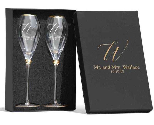Flûtes à champagne personnalisées à bords dorés en forme de tulipe avec boîte pour les mariés - M. et Mme Tulip Shape G H1231