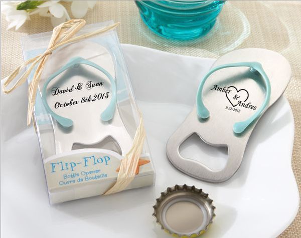 Regalo de invitado personalizado de favores de boda y regalos: espectáculo de nombre de novio y novia en el abridor de botellas de flip-flop 100pcs/lot