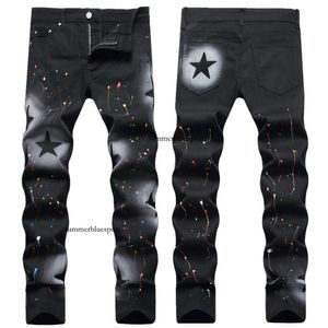 Gepersonaliseerde handgeschilderde pistoolspray Pentagram kleurverf gooien elastische zwarte kleine rechte jeans mannelijk
