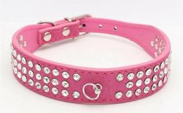 Longitud personalizada Piel de gamuza Diamantes de imitación con joyas Collares para perros para mascotas Tres filas Diamantes de cristal brillantes Collar para perros con tachuelas 33 LL