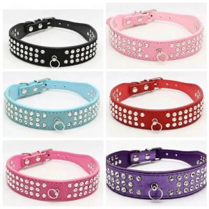 gepersonaliseerde lengte Suede Skin Jeweled Strass Pet Dog Collars Drie rijen Sparkly Crystal Diamonds Studded Puppy Dog Collar 1017 LL