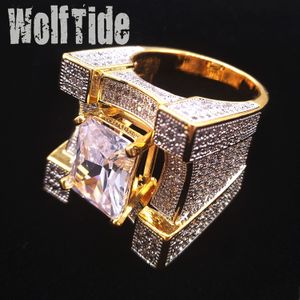 24mm Big Heavy Cubic Zirconia Square Hip Hop Ring for Men Top Quality Custom Full CZ Stone Punk Rock Rapper Jewelry for Men Taille 7 à 11 Comfort Fit Plaqué Or 18K