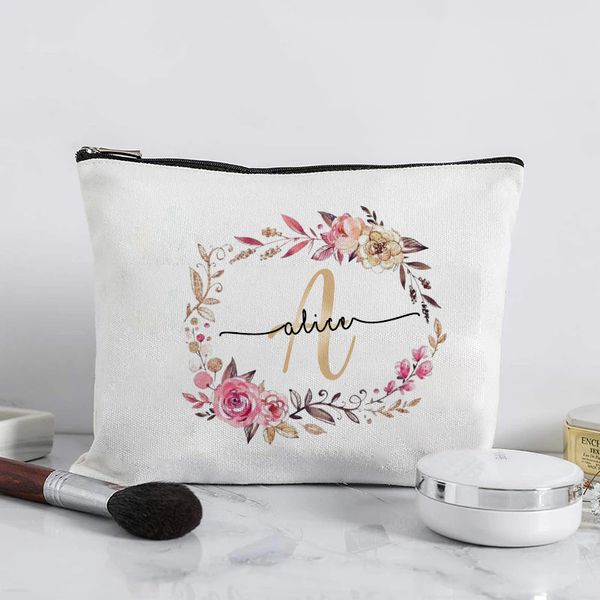 Trousse de maquillage personnalisée Initiale personnalisée avec nom Étui cosmétique de mariée Pochette de toilette monogramme Cadeaux de mariage pour demoiselle d'honneur