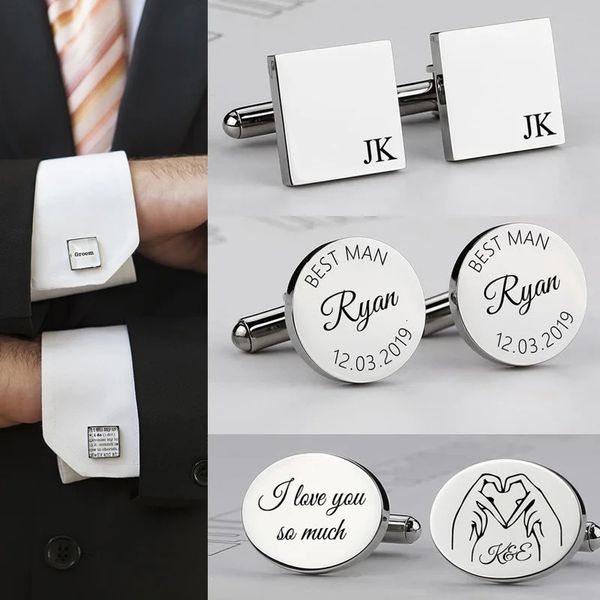 Boutons de manchette personnalisés pour hommes, boutons de manchette de chemise en acier inoxydable, cadeaux de mariage personnalisés, 231229