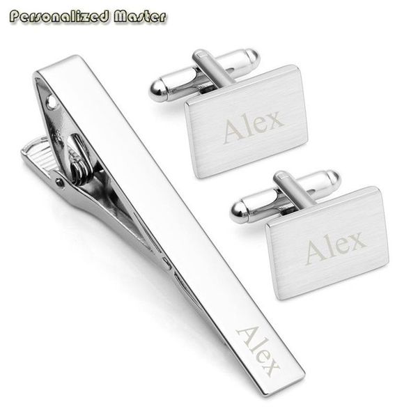 Maestro personalizado Grabado personalizado Nombre inicial 3 piezas Gemelos de acero inoxidable y barra de clip de corbata para hombres Regalo del día del padre Y20031260c