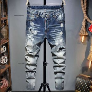 Jeans personnalisés pour hommes avec coupe serrée élastique, tendance taille moyenne, trous déchirés, pantalon délavé dégradé en denim