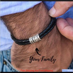 Pulsera de cuero genuino trenzado para hombre personalizado Cuentas personalizadas de acero inoxidable Nombre Charm Bracelet para hombres con nombres de familia Dh11T L6Rte