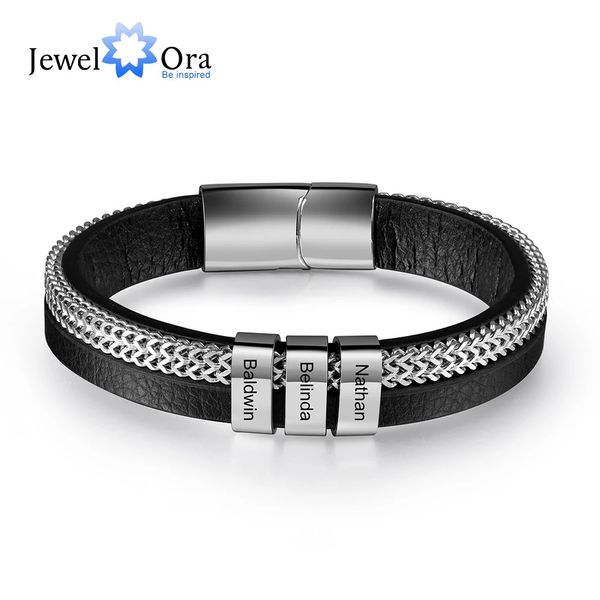 Bracelet en cuir métallique personnalisé avec 3 perles de grave Bracelets personnalisés pour hommes Cadeaux de Noël Père 240417