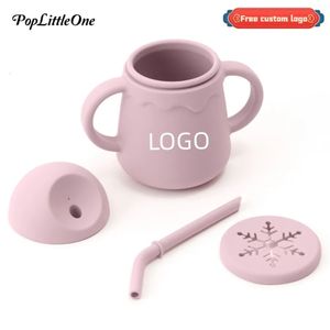 Gepersonaliseerde naam baby siliconen dubbele deksels voedingsbeker met handgreep sippy peuters leren drinkware zacht snack cup service 240423