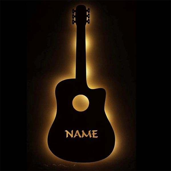 Nombre personalizado guitarra USB LED lámpara de pared nombre personalizado luz de noche de madera para guitarristas hombres niño niñas música regalo decoración de pared 220623