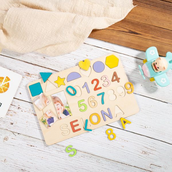 Nom personnalisé Puzzle en bois lettres de conception personnalisées jouets naturels pour enfants bloquez un cadeau de baby shower cadeau