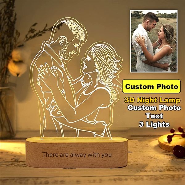 Lampe 3D personnalisée Night LIight Custom Po 3 couleurs USB base en bois pour enfants Noël anniversaire de mariage cadeau d'anniversaire 220623