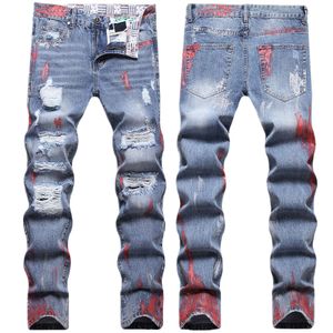 Jean droit coupe slim à peinture personnalisée, pantalon long bleu à petites jambes peint à la main pour hommes avec trous