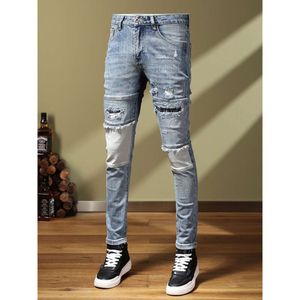 Gepersonaliseerde patchwork jeans, trendy slanke slanke kleine beenbroeken voor heren met gatenpleisters, trendy en veelzijdige blauwe zomerbroeken