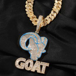 Collier Punk personnalisé avec pendentif en forme de chèvre, Animal mignon, diamant plaqué or bleu, bijoux Hip Hop pour hommes, nouvelle collection