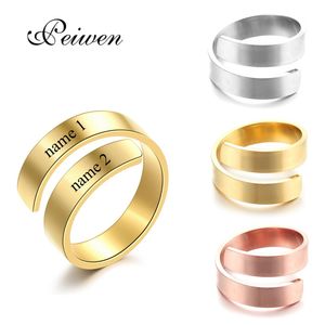 Anillo personalizado de acero inoxidable, 2 nombres personalizados, anillos de compromiso simples grabados para mujeres, joyería de aniversario para mamá, anillo con placa de identificación