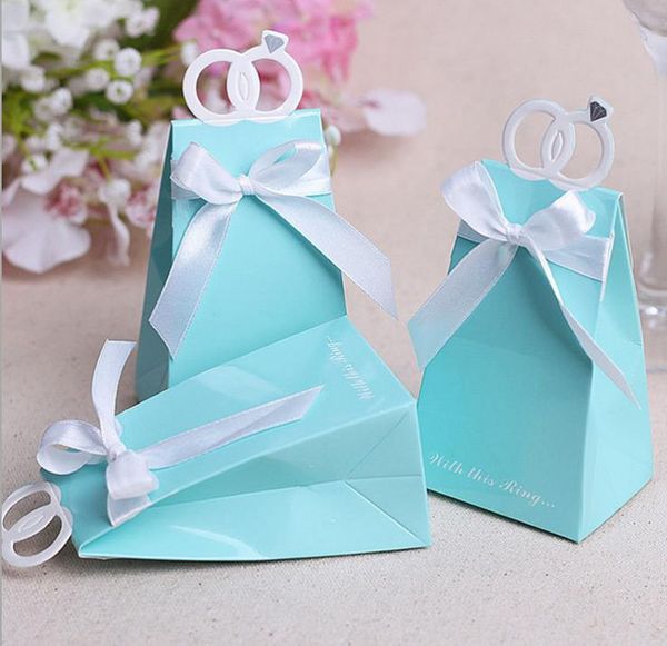 Anneaux personnalisés Faveurs de fête de mariage Boîte Love Bird Sweets Bonbons Choclate Boîtes Cadeaux Présent Wrap Bag avec archet Bleu Tiffany