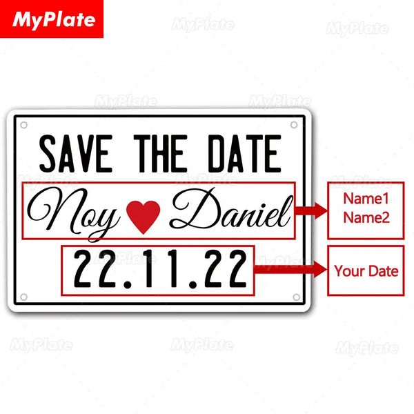 Panneau métallique personnalisé Save The Date de mariage, en étain, pour anniversaire, Plaque familiale, décoration murale, décoration de maison, mariage pour ami, 240223