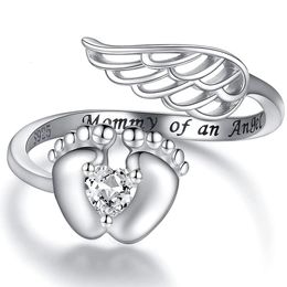 Gepersonaliseerde Sterling Silver Angel Wings Baby Voeten Miskraam Ring - Verlies van Zwangerschap Ringen Sieraden Memorial Gift voor Vrouwen Moeder 240306