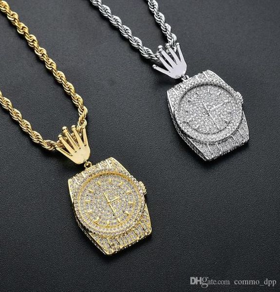 Collier de cadran de montre personnalisé pour hommes Bling CZ glacé couronne pendentif or chaînes en argent femmes Hip Hop rappeur bijoux 4026604