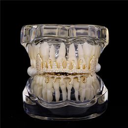 Parrillas de dientes para dentaduras postizas en forma de gota de agua personalizadas con tirantes dorados rellenos de diamantes irregulares chapados con Grillz de dientes de oro Real