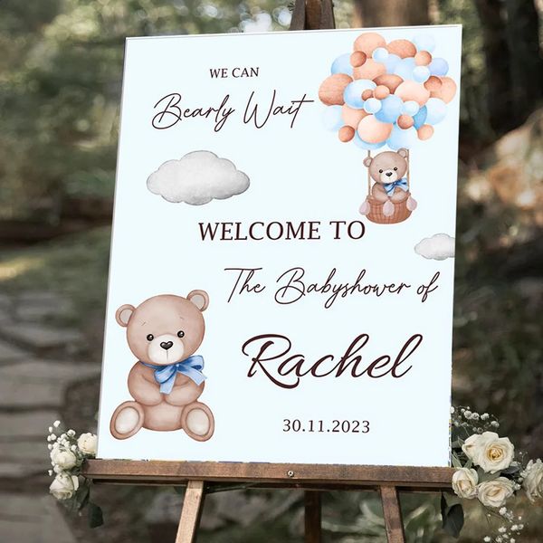 Letrero personalizado de bienvenida para Baby Shower, oso, podemos esperar, tablero KT personalizado para decoración de fiesta de cumpleaños de 1 año, 240127