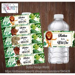 Personalizado Wild One Jungle Fiesta de cumpleaños Botella de agua Etiqueta de vino Animal salvaje Candy Bar Wrapper Etiqueta Baby Shower Decoración 211122