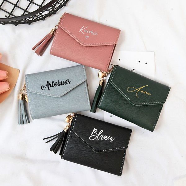 Cartera de cuero personalizada para mujer, tarjetero, nuevas carteras cortas personalizadas para mujer, cartera minimalista con grabado, monederos de moda