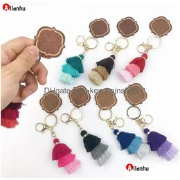 Porte-clés en bois personnalisé, faveur de fête, pompon en coton à trois couches et pendentif en puce, porte-clés Mticolor Wfsd, livraison directe Dhsdn