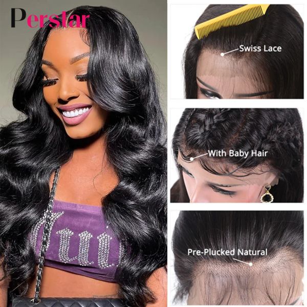 Perstar Body Wave Lace Front Human Hair Wigs for Women Piel de cabello indio Peluces de ola corporal prepleted 13x4 Pelera frontal de encaje 180% Densidad