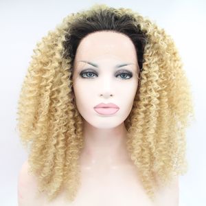 Peruca 360 dentelle Glueless Lace Front Perruques Synthétique Ombre blonde Longue Afro Crépus Bouclés Perruques Résistant À La Chaleur Fibre Cosplay/Parti Perruques Pour Les Femmes