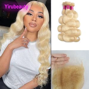 Poules de cheveux humains 100% humains péruviens avec HD 4 * 4 CLOSE DE LACE 613 # Couleur blonde Pièce gratuite Body Wave 4 PCS / Lot