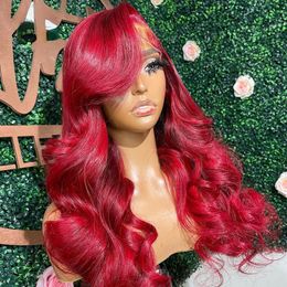 Pelucas de cabello humano peruano 13X4 Hd con encaje Frontal, cuerpo de color rojo, peluca con malla Frontal borgoña, pelucas sintéticas con encaje Frontal
