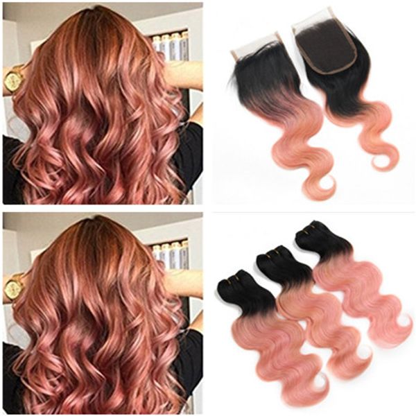 Tissage de cheveux humains péruvien 1B / Rose Gold Ombre avec fermeture supérieure Dark Root Rose Rose Ombre Virgin Hair 3Bundles avec 4x4 Lace Closure