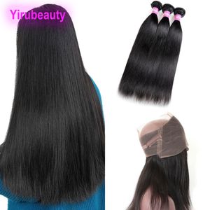 Peruano 3 paquetes con 360 cabello frontal de encaje liso hundimiento sedoso con trama humano Cierres de color natural