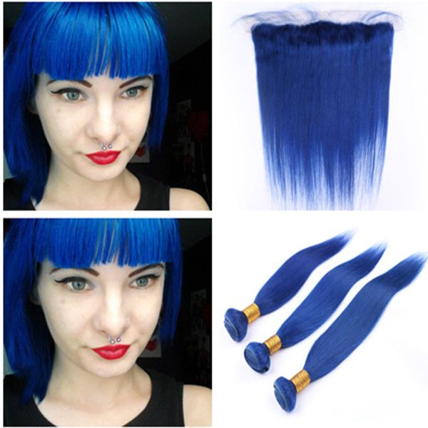 El cabello humano peruano de color azul teje extensiones con frontales paquetes de cabello virgen azul oscuro recto Ofertas con cierre frontal de encaje 13x4