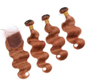 Vague de corps péruvien Auburn couleur cheveux humains 3bundles avec fermeture 30 Medium Auburn Virgin Hair Lace Fermeure 4x4quot avec tissage B2465173