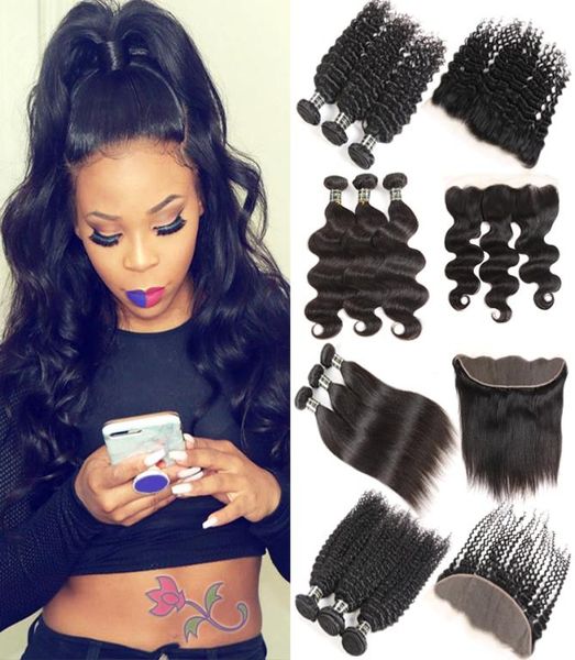 Paquetes de ondas corporales peruanas con encaje frontal Brasileño Onda profunda Kinky Curly Virgin Human Hair Weave 34 paquetes con Frontal Weav2820071