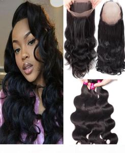 Tissage de cheveux péruviens Body Wave 3 faisceaux avec fermeture frontale en dentelle 360 100 brésilien péruvien malaisien indien mongol Remy Huma35179754