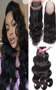 Peruvian Body Wave Cair tisser 3 paquets avec 360 Fermeture frontale en dentelle 100 Brésilien Peruvian malaisien indien mongol Remy Huma9420811