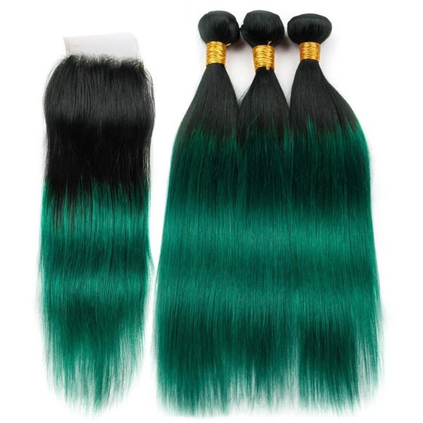 Tissages de cheveux humains péruviens vert foncé ombré avec fermeture # 1B / racines noires vertes ombre cheveux humains raides 3 paquets avec fermeture en dentelle 4x4