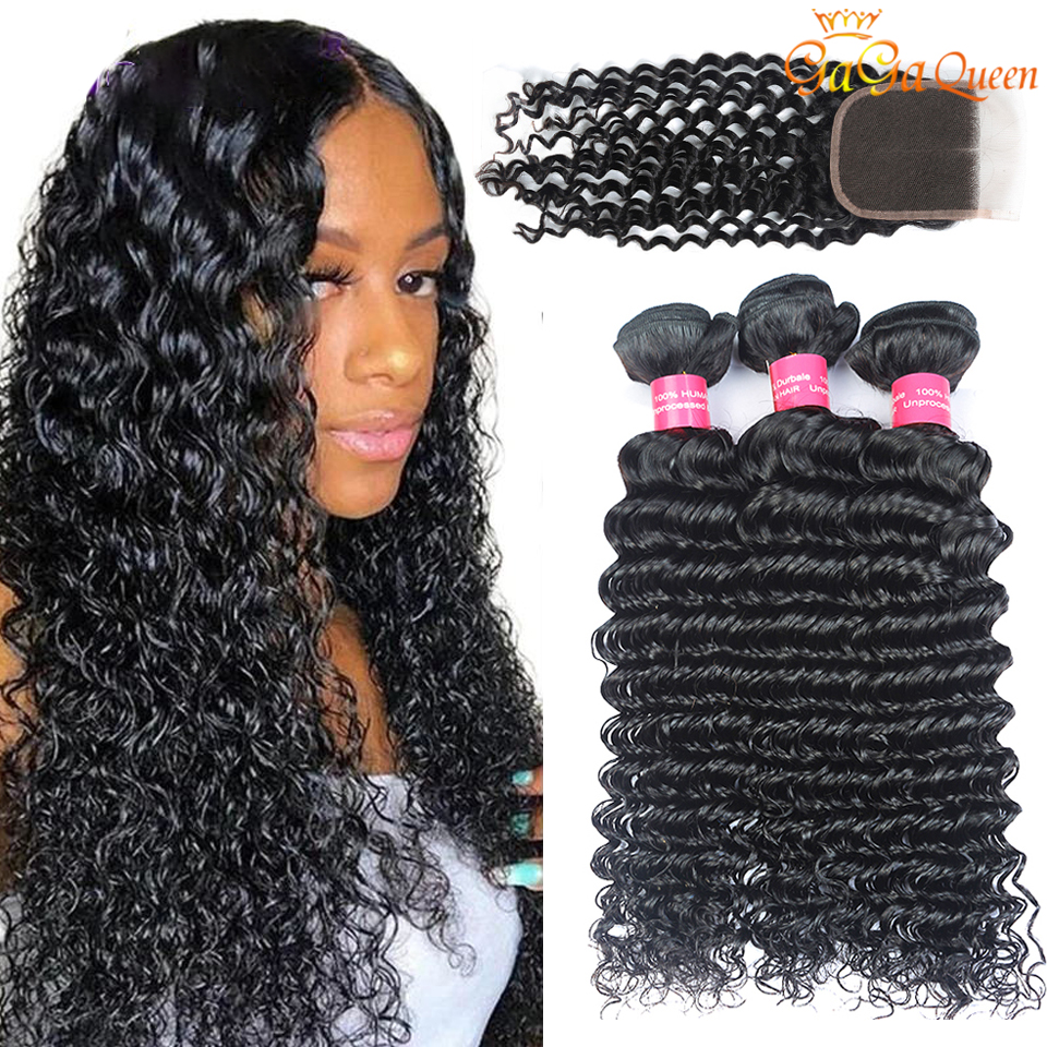 Peruvian Deep Wave Bundles With Closure 100% Remy crochet body wave hair Deep Wave With 4x4 Lace Closure
