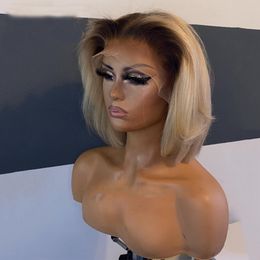 Peruvian Hair 13x4 ombre Short Bob Pixie Cut Wigs pour femmes 180 densité blonde blonde en dentelle transparente perruque synthétique