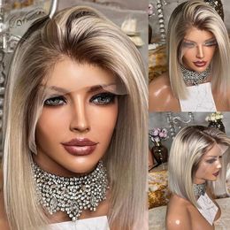 Peruaanse Haar Ash Blonde Bob Lace Front Pruiken Voor Vrouwen 180 Dichtheid Volledige Korte Bob Kant Frontale Pruik Ombre Synthetische Sluiting pruik