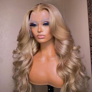 Perruque frontale blonde de cheveux péruviens pré-plumée 13 x 4 perruque avant en dentelle transparente Barbie Honey Blonde Body Wave perruque synthétique pour femme